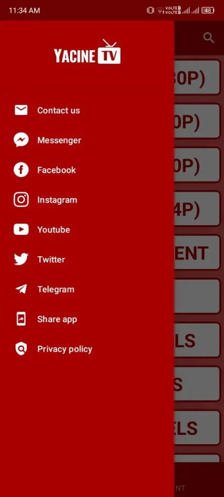 Yacine TV App Main Menu